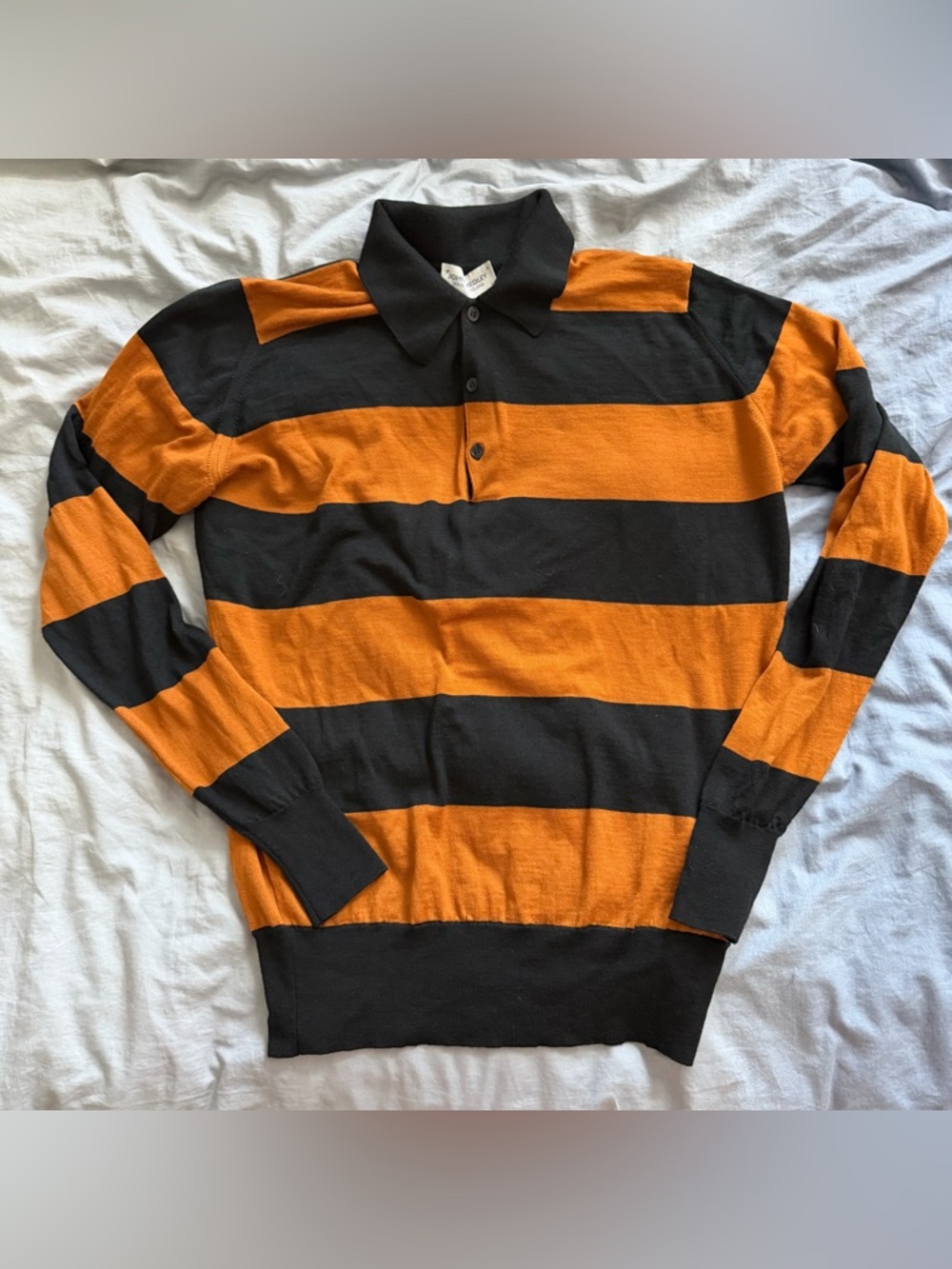 John Smedley Black and Orange Striped Long Sleeve Polo